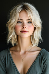 Fototapeta premium Mid-length hair styled in loose waves on a model with a natural expression against a dark backdrop