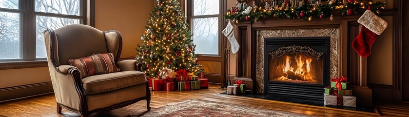 A Cozy Christmas Living Room with a Lit Fireplace, Decorated Tree, and a Comfortable Armchair