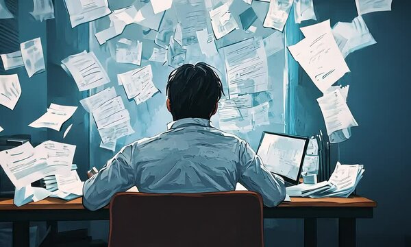 Overwhelmed man at desk with flying papers illustration cartoon with ai generated.
