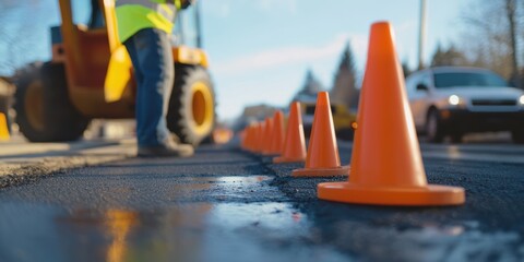 Construction worker with a tractor, orange traffic cones lined along a freshly paved road.