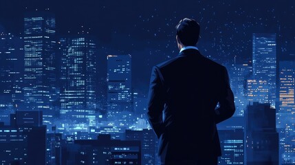 A Silhouette of Success:  A Man Gazes Upon the Glowing Cityscape at Night