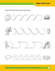 Obraz premium Prewriting skills, line practice sheet for kindergarten, Handwriting practice for kids. Fine motor skills. Line tracing worksheet. Activity page for kids. Coloring page for preschool.