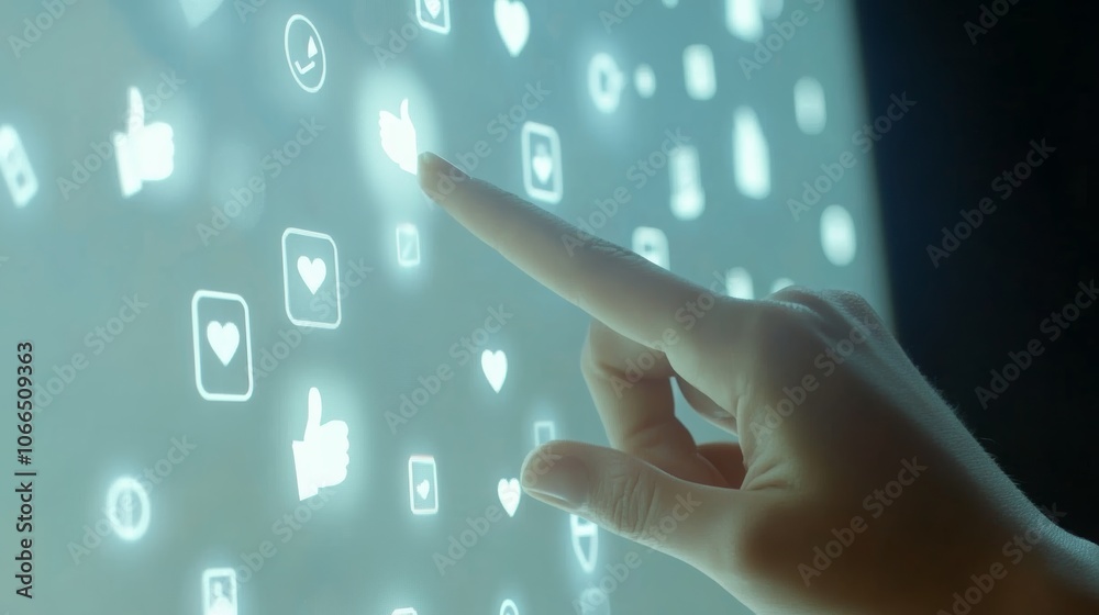 Poster social media manager is touching a luminous like button on a futuristic interactive screen full of s