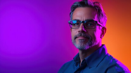 A professional studio portrait of a man with a color gradient background, emphasizing his attire