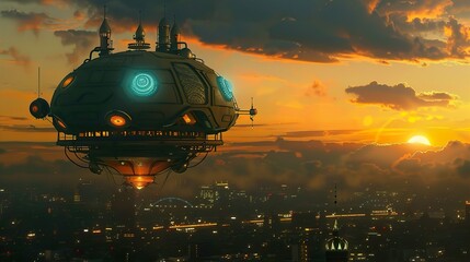 Futuristic Airship Soaring Over a Glowing City at Sunset