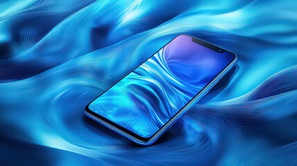 Blue abstract wave background, soft colors. Smartphone on an abstract blue wave background. Modern design template.