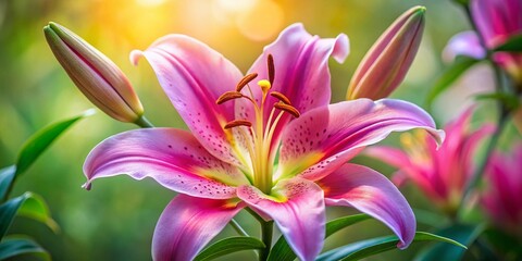 Fototapeta premium Close-Up of a Pink Lily in Full Bloom - Stunning Candid Photography Emphasizing Natural Beauty, Floral Details, and Vibrant Colors for Nature and Flower Enthusiasts
