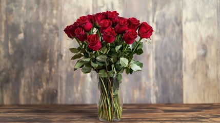 Obraz premium A romantic arrangement of red roses in a glass vase on a wooden table, perfect for a loving gesture