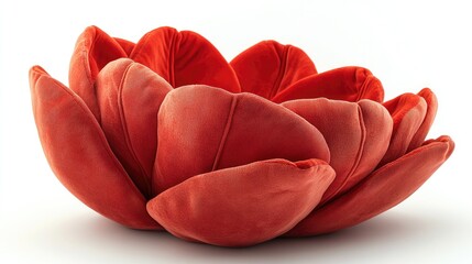Red plush flower-shaped cushion on a white background.