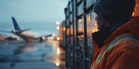 Fototapeta premium Male worker in an orange jacket observes planes during a rainy evening at the airport.