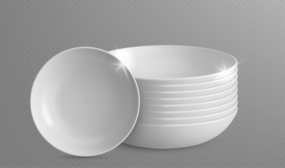 Stack of deep soup or salad porcelain bowls with one standing on side. Clean shiny white ceramic tableware. Realistic 3d vector mockup set of clean serving food utensil with smooth surfaces.