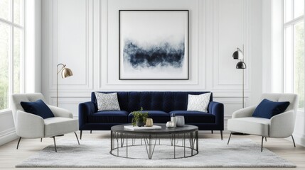 Modern Living Room Interior with Blue Sofa, White Armchairs, and Abstract Art