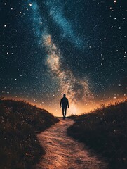 Fototapeta premium story concept meaning design Person walking under starry night sky illustration