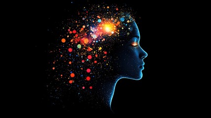 Fototapeta premium story concept meaning design Profile silhouette with colorful mind sparks. illustration