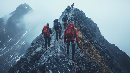 story concept meaning design Climbers navigating rocky mountain trail illustration