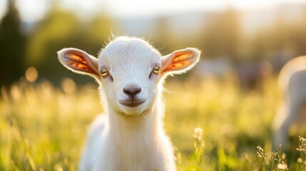 Obraz premium Close-up Portrait of a White Goat Kid with Yellow Eyes in a Meadow