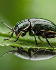 Green Beetle on a Wet Green Leaf with Reflection