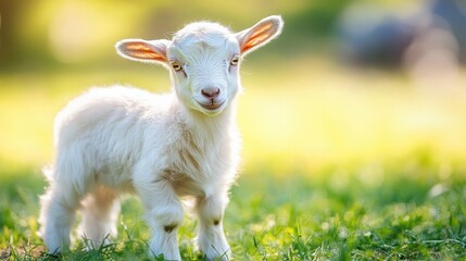 Obraz premium A White Baby Goat Standing in Green Grass