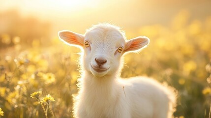 Fototapeta premium A White Goat Kid Looking Up in a Field of Yellow Flowers