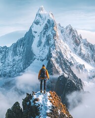 story concept meaning design Person standing on a snowy mountain peak illustration