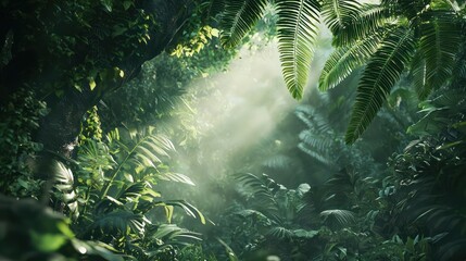 a scene in a tropical rainforest with exotic vines hanging from trees. Capture the lush greenery and the interplay of light filtering through the leaves, creating a sense of depth and mystery.