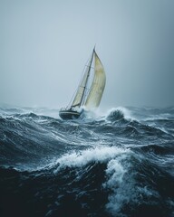 story concept meaning design Sailing boat in stormy sea illustration