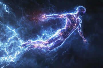 The silhouette of the human body pierced by electric discharges. The concept of a super man and artificial intelligence. Lightning