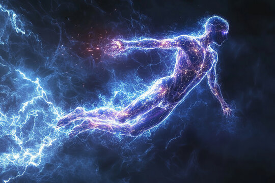 The silhouette of the human body pierced by electric discharges. The concept of a super man and artificial intelligence. Lightning