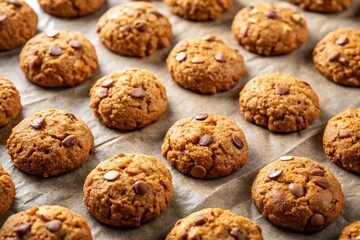 Closeup of Homemade Oatmeal Cookie Dough Ready to Bake, Healthy Sweet Treats on Baking Sheet, Rows of Peanut Biscuits and Oatcakes, Delicious Freshly Made Desserts