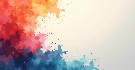 Fototapeta premium An abstract artwork with vibrant reds, oranges, and blues blending into a light, empty background. Splashes and textures create a dynamic contrast between bold colors and open space.