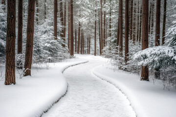 Narrow winding path through a snowy forest during a winter morning