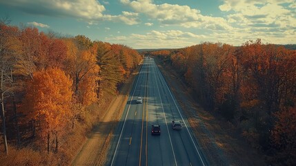 Naklejka premium A scenic view of a highway lined with autumn trees, perfect for Thanksgiving travel themes