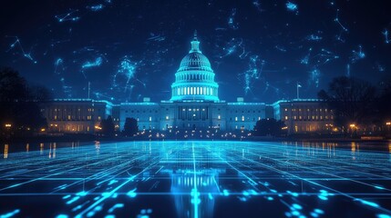 The US Capitol Building at night with a futuristic digital overlay.