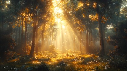 Serene pine forest with tall slender trees, rays of light piercing through, soft shadows on the forest floor.