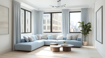 Fototapeta premium A Blue Sectional Sofa in a Modern Living Room with City Views