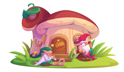 Garden gnome mushroom house for cartoon fairytale. Dwarf or elf fantasy vegetable home building for game. Funny mascot with beard near wood door. Little old fanciful hobbit in red cap design