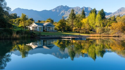 Fototapeta premium a serene scene featuring a villa by a pristine lake, surrounded by trees and mountains. Show a reflection of the villa in the calm water, with a small dock and a canoe nearby for added detail.\