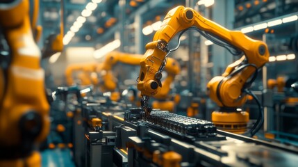 Fototapeta premium A Dutch angle shot of an assembly line in a futuristic factory, with robotic arms working at high speed on various components, AI Generative.