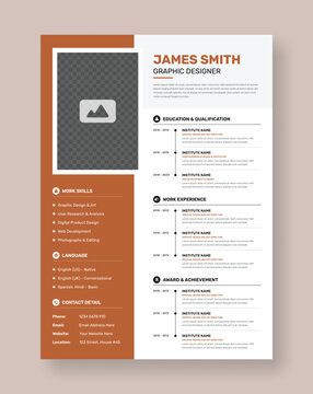 Simple professional biodata or resume cv design template with image holder
