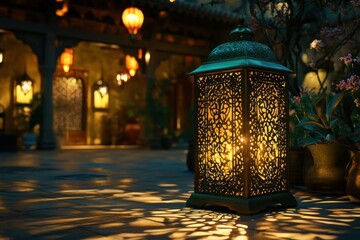 Fototapeta premium Ornate Lantern Casting Shadows in a Serene Courtyard