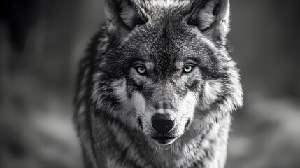 A greyscale closeup shot of an angry wolf with a blurred background