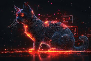 A futuristic neon cat made of glowing wireframes.
