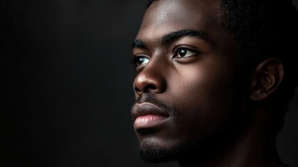 A serious studio portrait of a Black man with a thoughtful expression, emphasizing depth and character