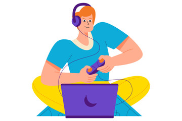 A Man Playing Games On Laptop Holding Game Controller And Wearing Headphones Illustration
