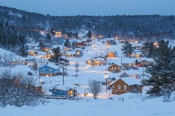 Snowy Village Houses at Dusk with Falling Snow