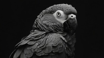 Fototapeta premium A captivating portrait of a Gray African parrot perched gracefully, highlighting its detailed feathers and keen gaze, with ample copy space for added text and design elements.