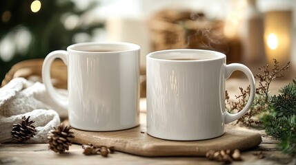 Two personalized mugs with custom names create a charming scene, perfect for enjoying a warm beverage. These personalized mugs offer a delightful touch to any coffee moment, with ample copy space.