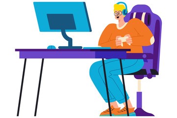 A Man Streaming Live Gameplay On A Computer Setup With Two Monitors Illustration