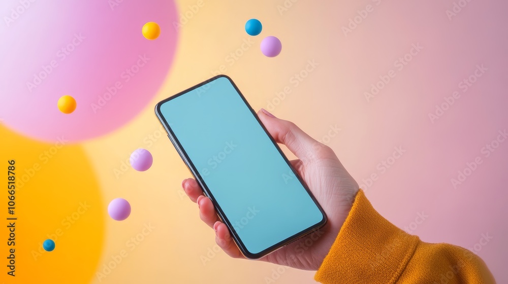 Poster woman using smartphone with colorful pastel gradient background and floating spheres, showcasing a m