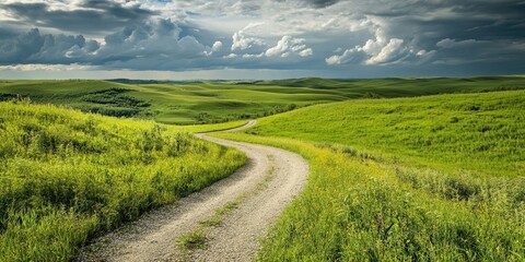 Obraz premium A high vantage point reveals a gravel path cutting through an expansive, lush green field, showcasing the natural scenery of the countryside.